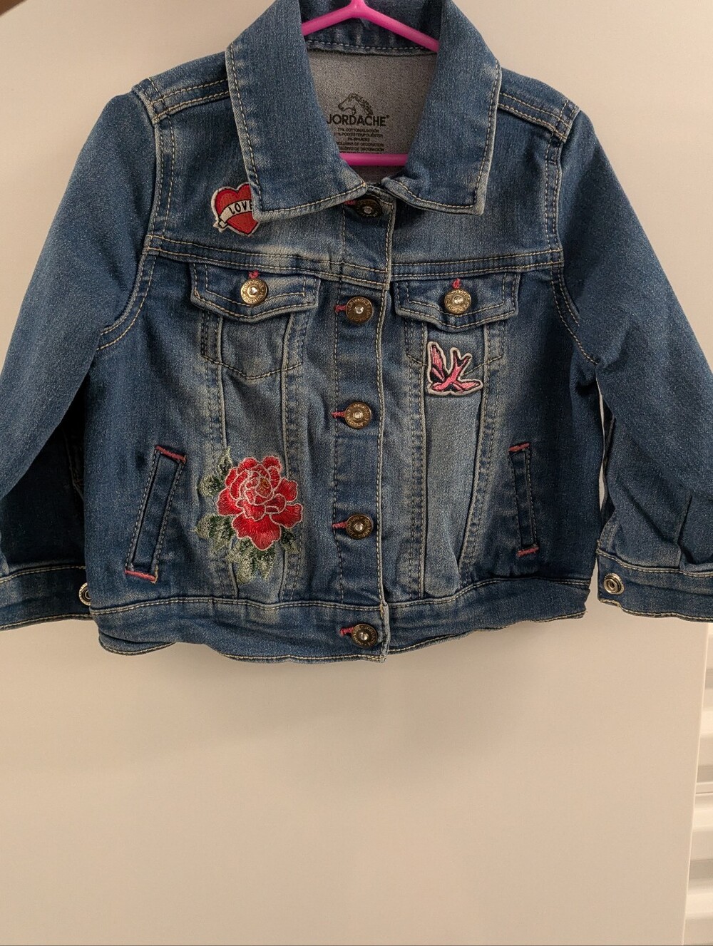 Jordache Girls' Blue Denim Jacket with Floral Patches